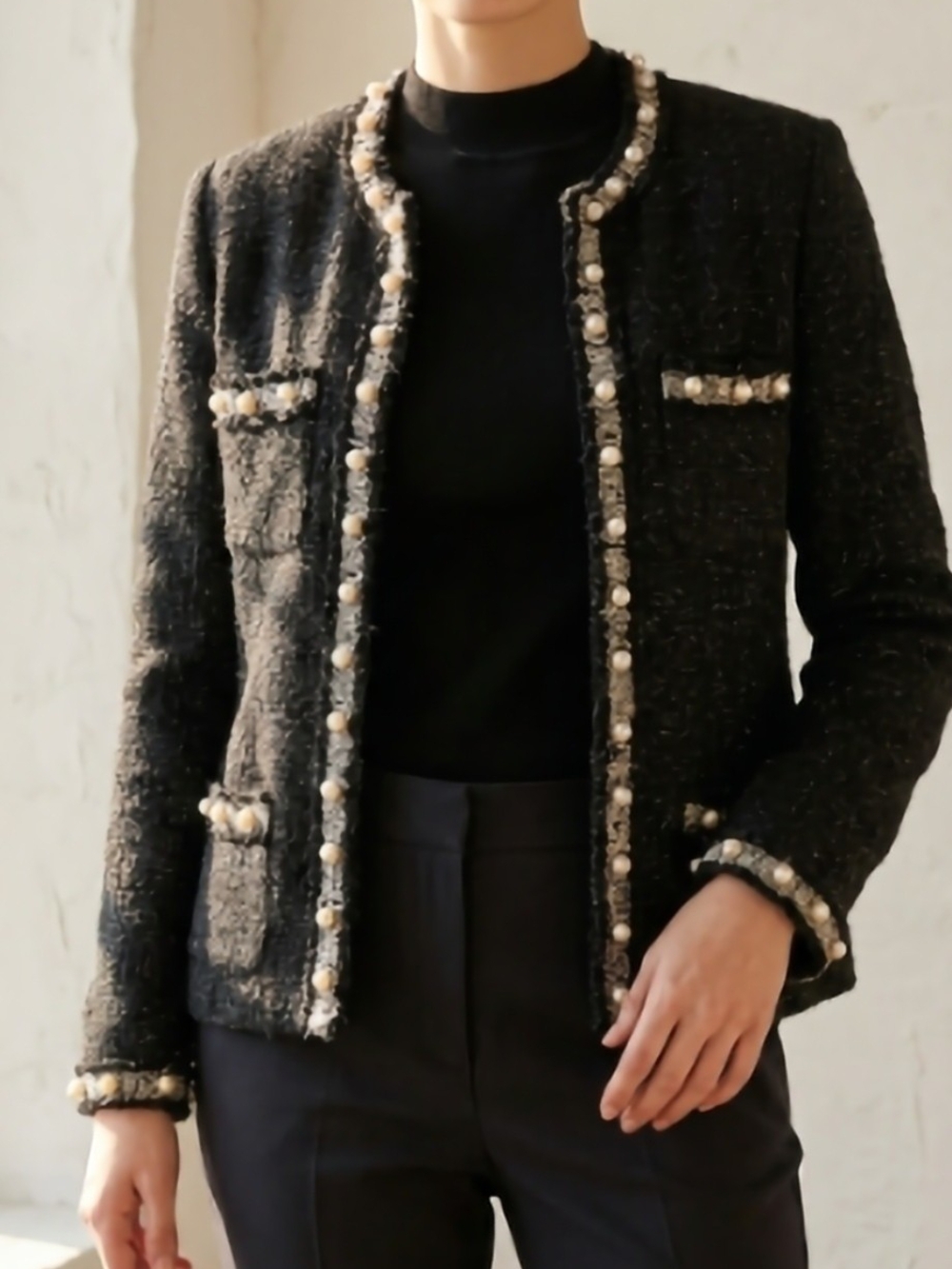 Love Token Black Tweed Jacket with Pearl Trim